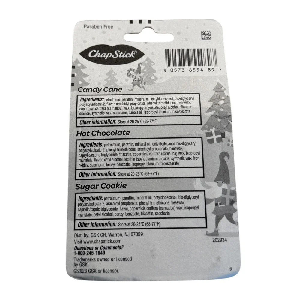 ChapStick Holiday Collection 3‎ Pack Candy Cane Hot Chocolate Sugar Cookie NEW